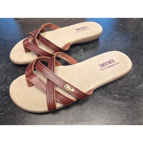 G.H. Bass & Co. Shoes - G.H. Bass 7.5W Wide Women's SunnJuns Leather Slide Sandals Retro Comfort Brown